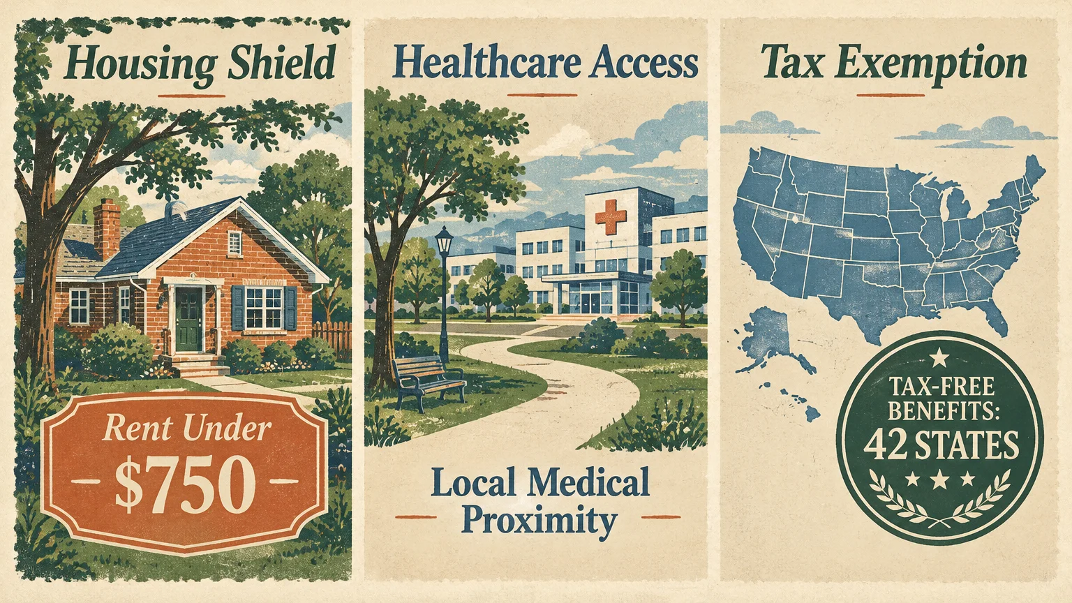 Three panels illustrating retirement pillars: a brick house, a community hospital, and a United States map with a seal.