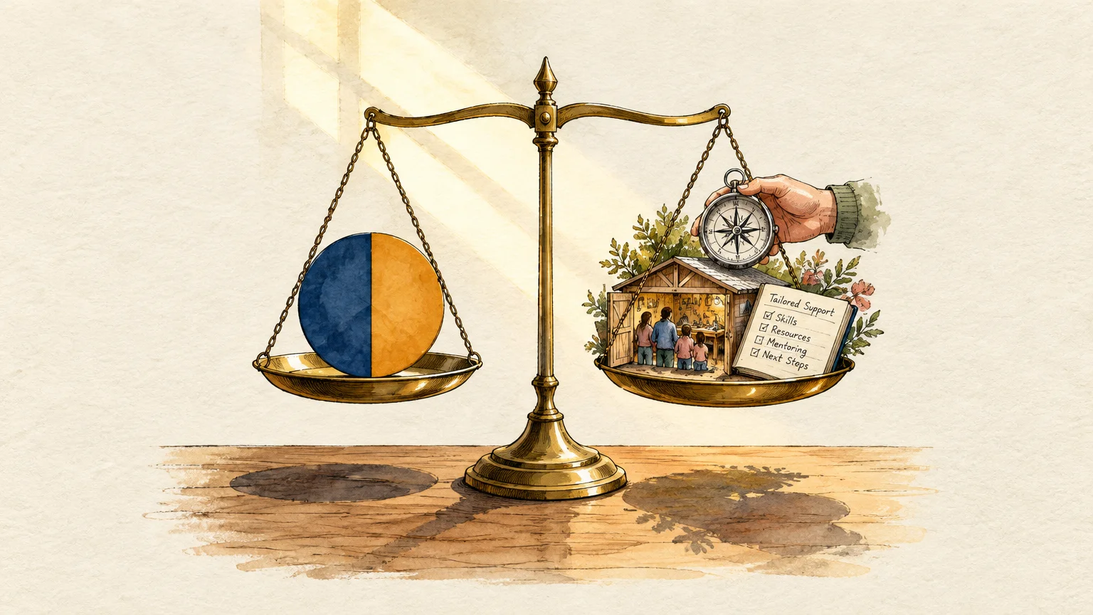 Illustration of a brass balance scale with a split pie chart on one pan and a small house, compass, and notepad on the other.
