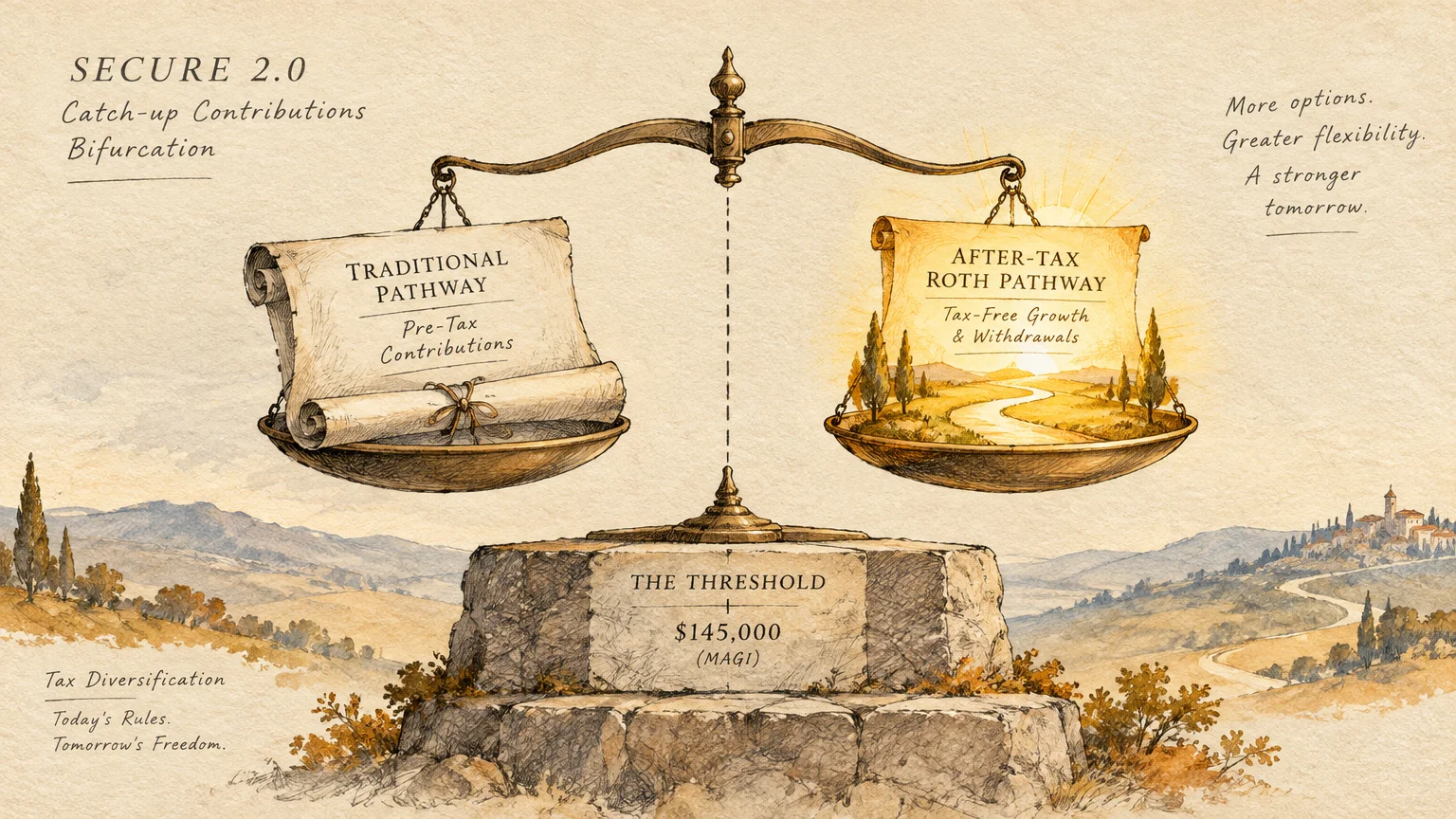 Illustration of balance scales holding scrolls labeled Traditional Pathway and After-Tax Roth Pathway atop a stone base.