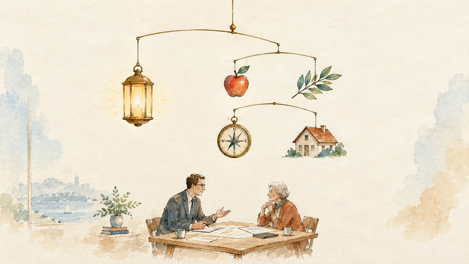 Watercolor illustration of a planner advising a senior woman under a hanging mobile balancing a lantern, apple, and house.