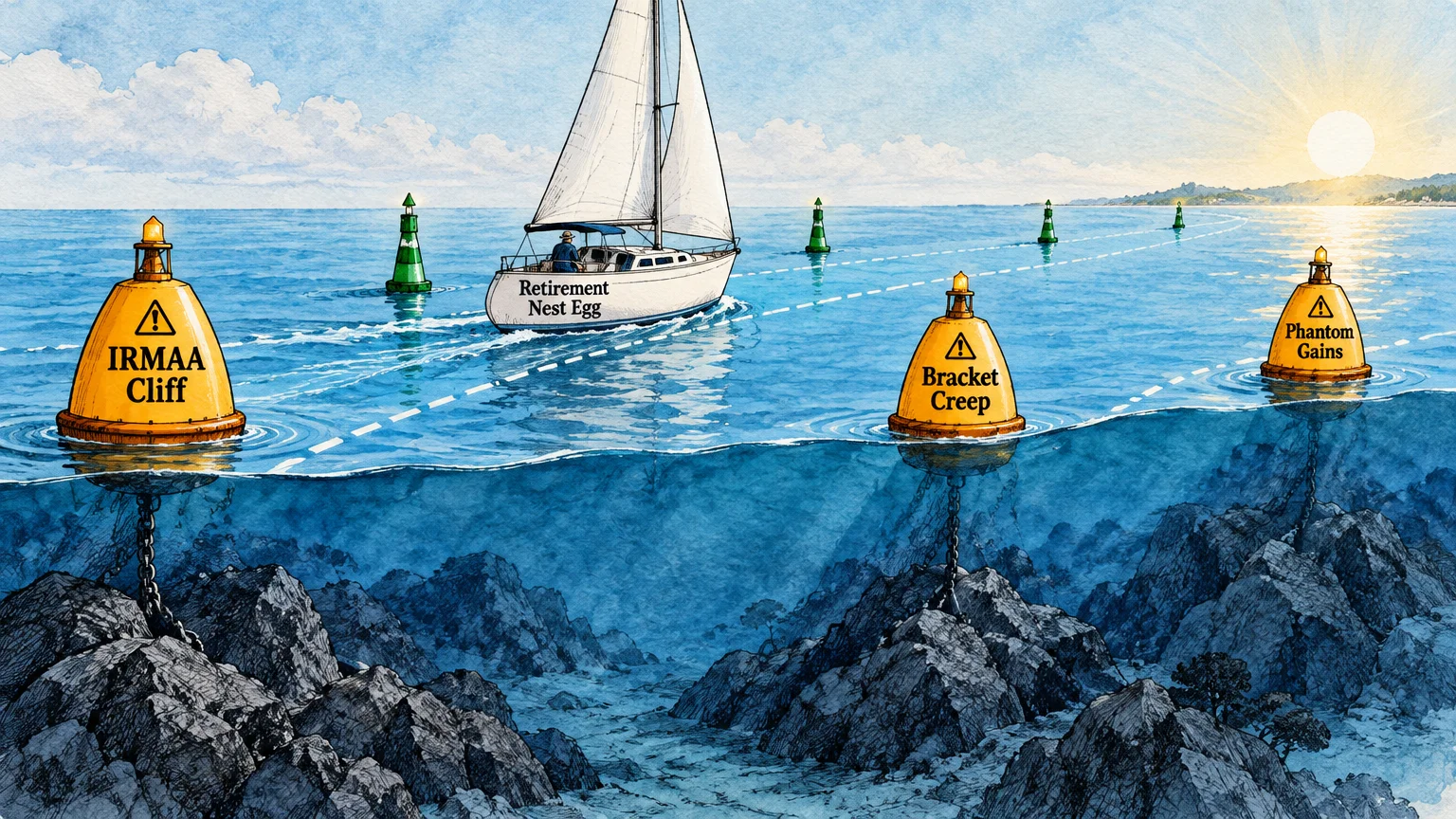 Illustration of a sailboat labeled Retirement Nest Egg navigating past warning buoys over rocky underwater terrain.