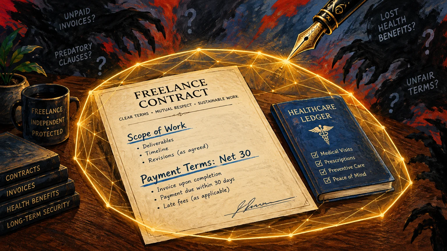 Illustration of a freelance contract and healthcare ledger shielded in a glowing dome from shadowy clawed hands.