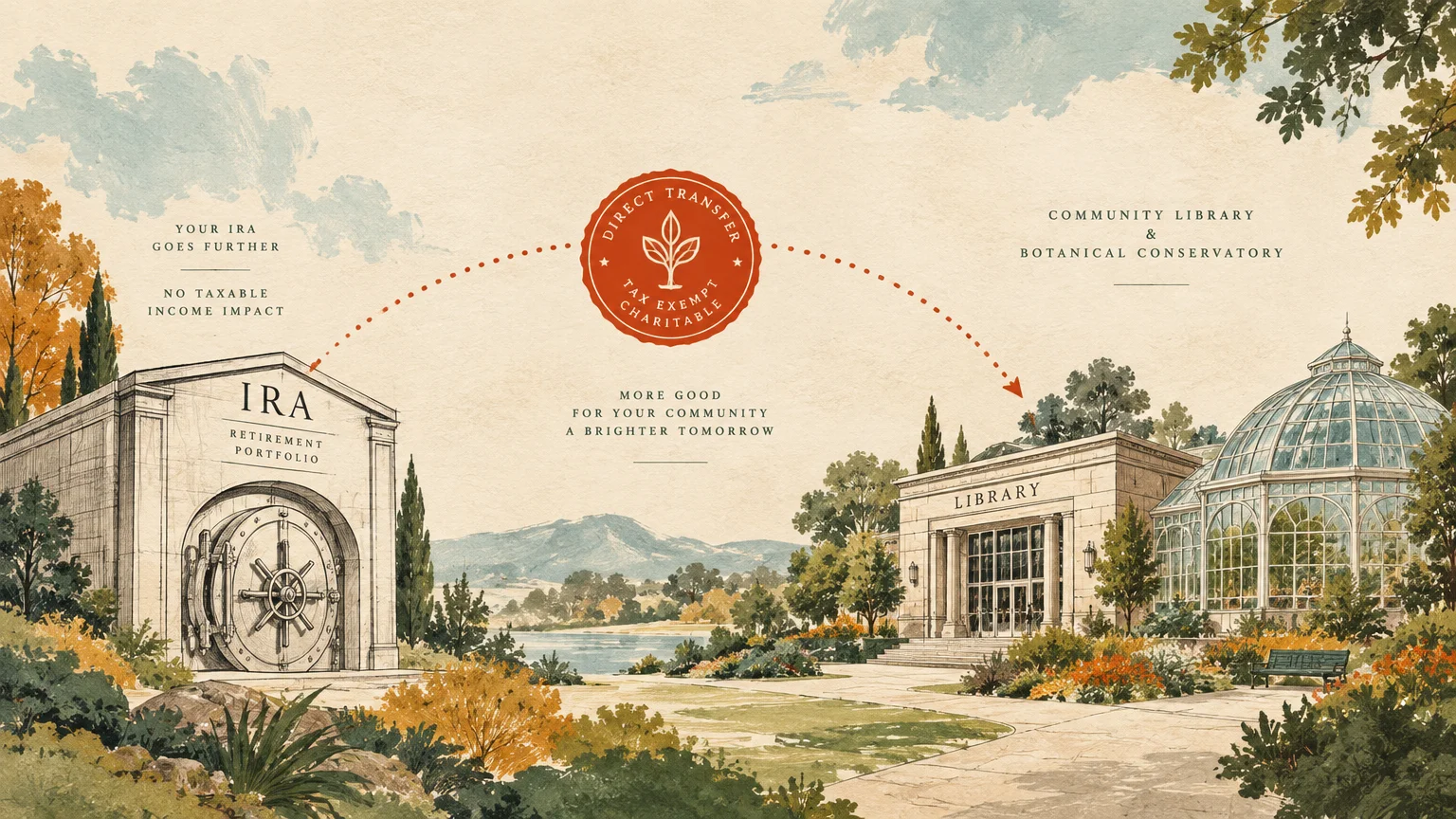Illustration of an IRA bank vault linked by a red dashed transfer arc to a library and botanical conservatory.
