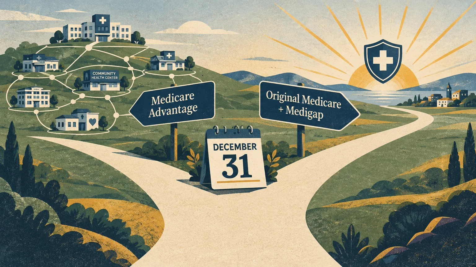 Fork in a path with signs pointing to Medicare Advantage and Original Medicare, separated by a December 31 calendar.