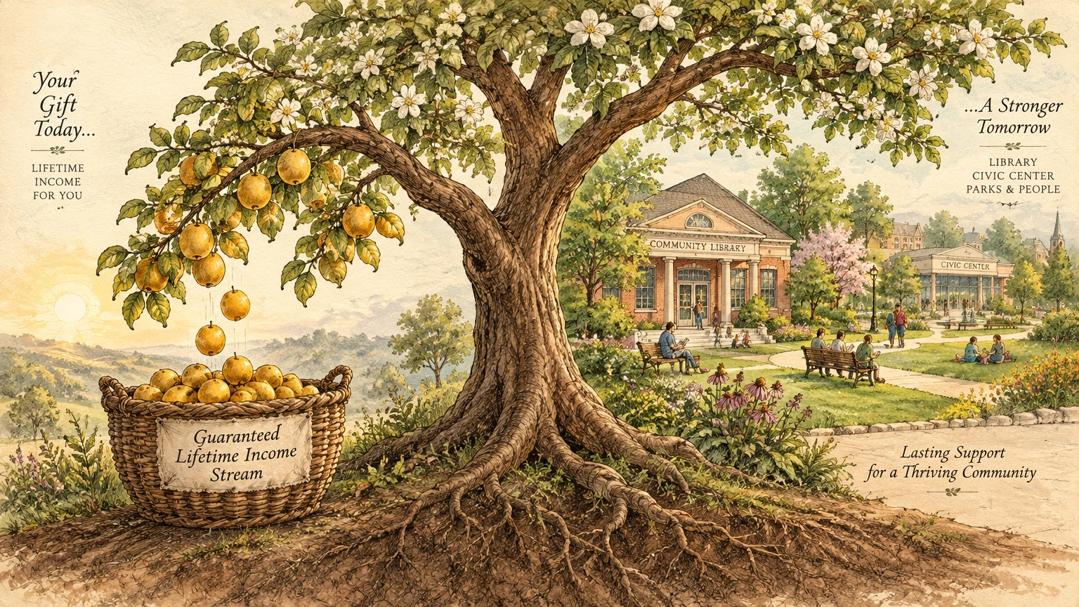 Illustration of a fruit tree dropping golden pears into a basket beside a sunny community library and civic center park.