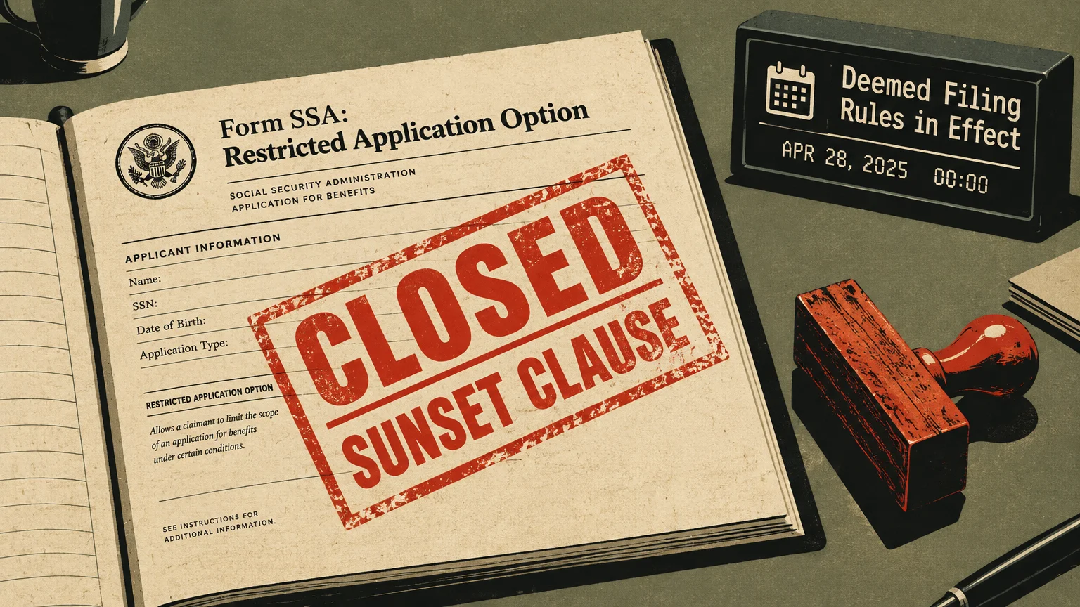 Restricted application form stamped closed sunset clause beside a rubber stamp and digital calendar sign.