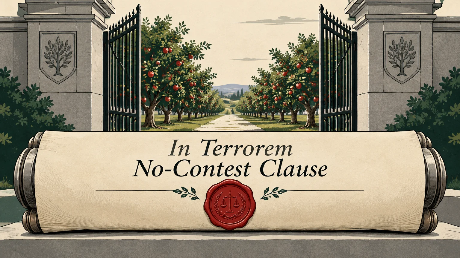 Illustration of open estate gates leading to an apple orchard, with a scroll inscribed In Terrorem No-Contest Clause.