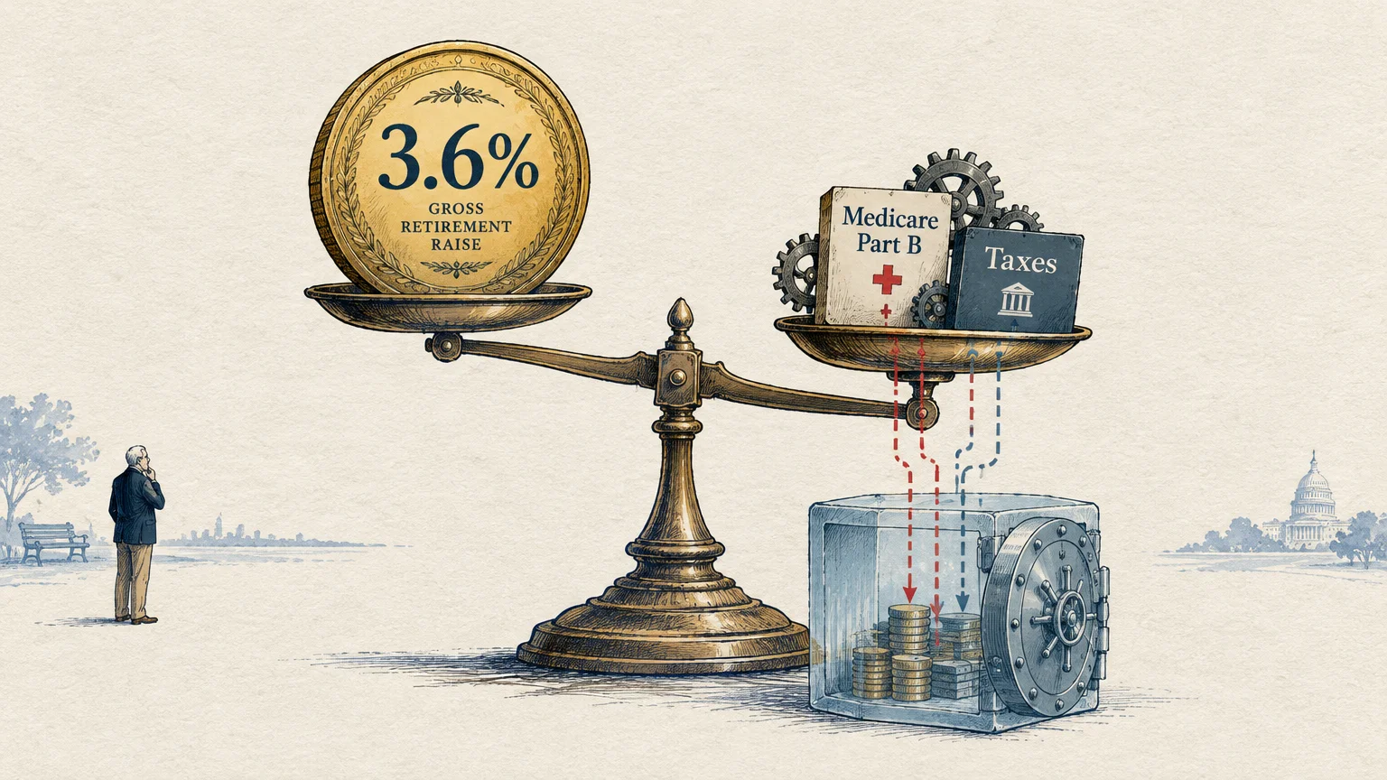 Illustration of a scale balancing a large 3.6% coin against Medicare Part B and taxes draining into a bank safe.