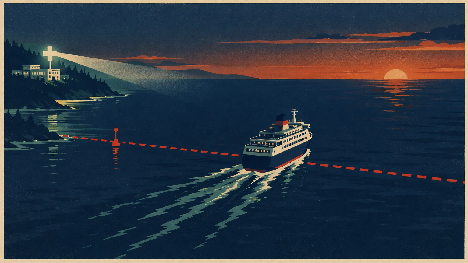 Illustration of a cruise ship crossing a dashed boundary line at sea toward sunset away from a coastal medical lighthouse.