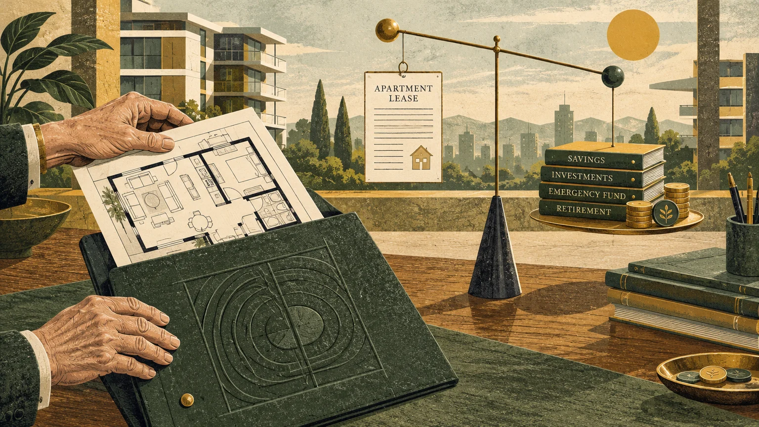 Hands holding a floor plan beside a scale balancing an apartment lease against financial books and coins.