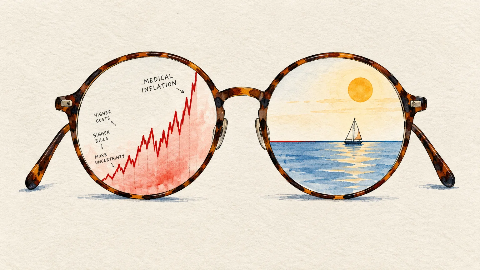 Eyeglasses reflecting a rising red medical inflation chart in the left lens and a calm sailboat at sea in the right lens.