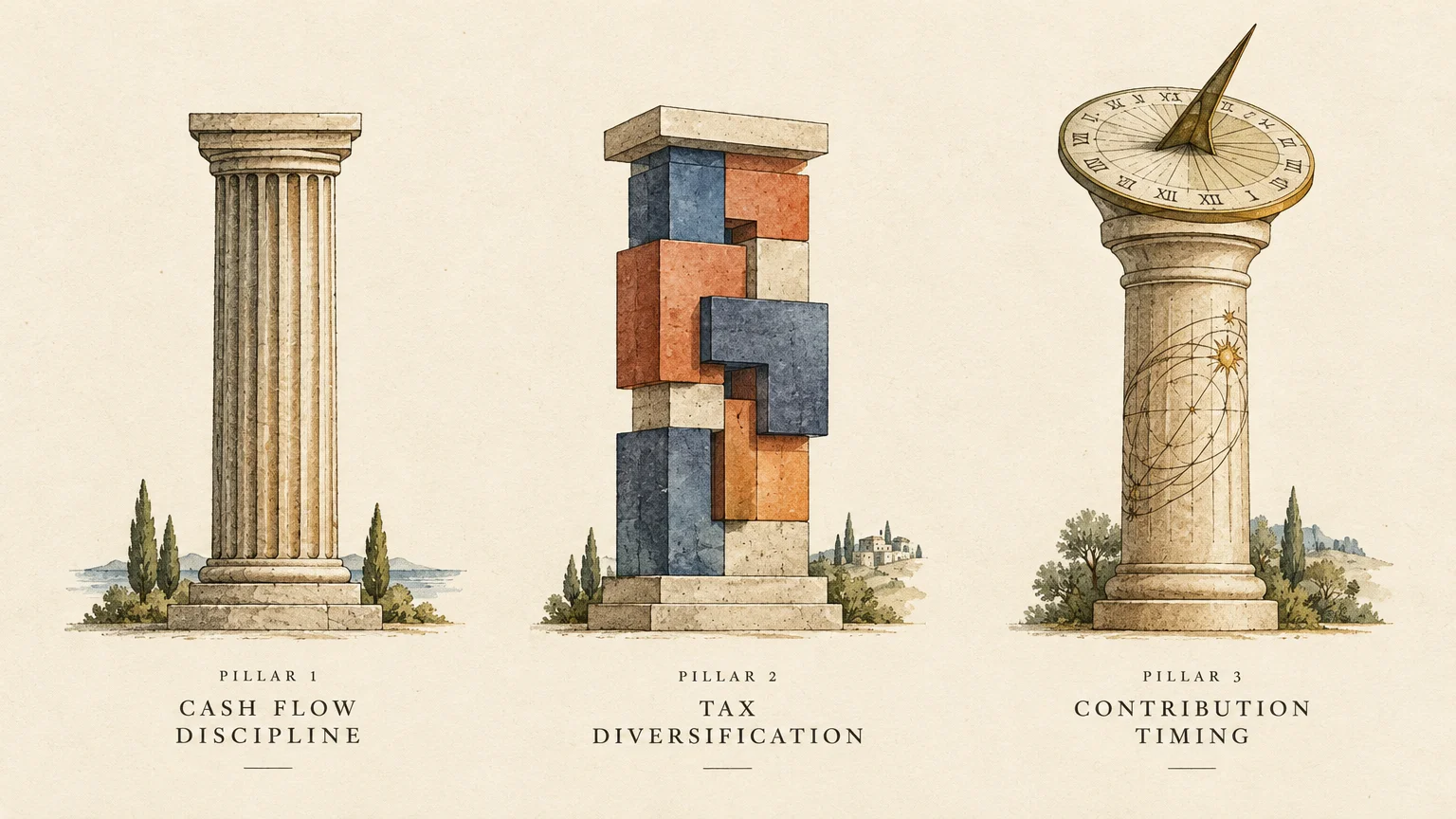 Three architectural pillars: a classical column, interlocking geometric blocks, and a column topped with a sundial.