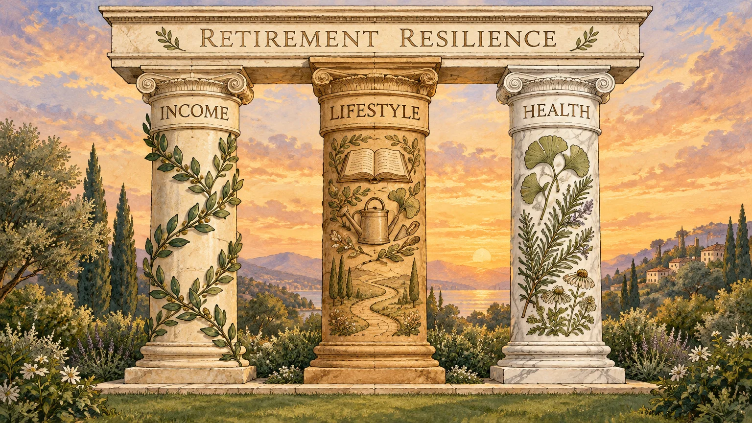 Illustration of three classical stone pillars labeled Income, Lifestyle, and Health beneath a Retirement Resilience arch.