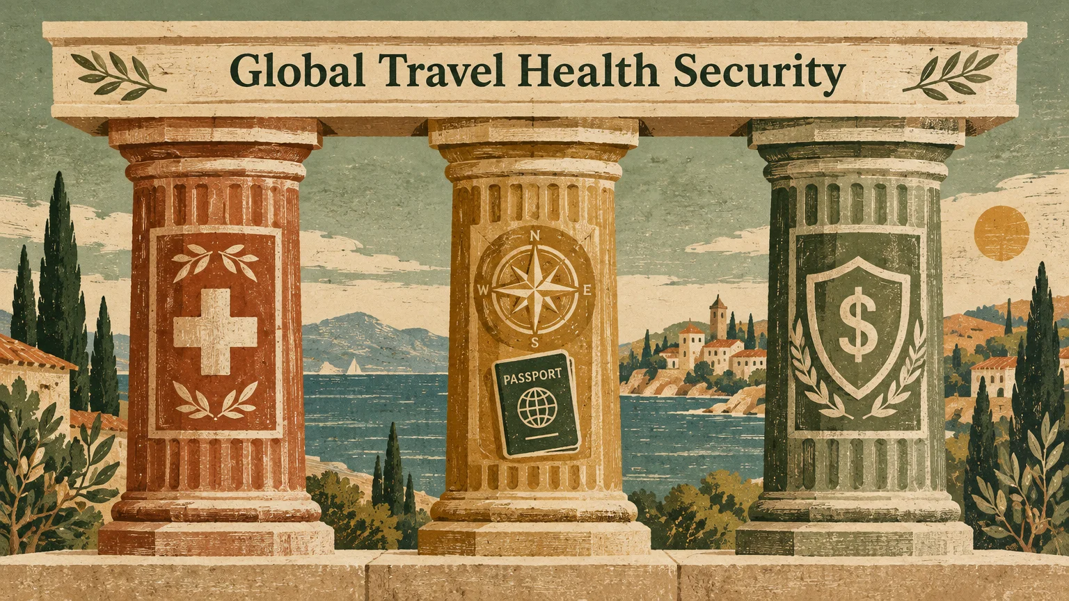 Illustration of three classical stone pillars with health, travel, and financial symbols overlooking a coastal landscape.