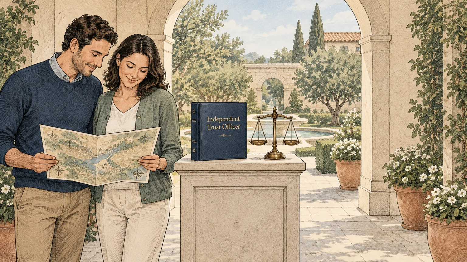 Illustration of a couple looking at a map beside a pedestal holding scales of justice and a trust officer book.