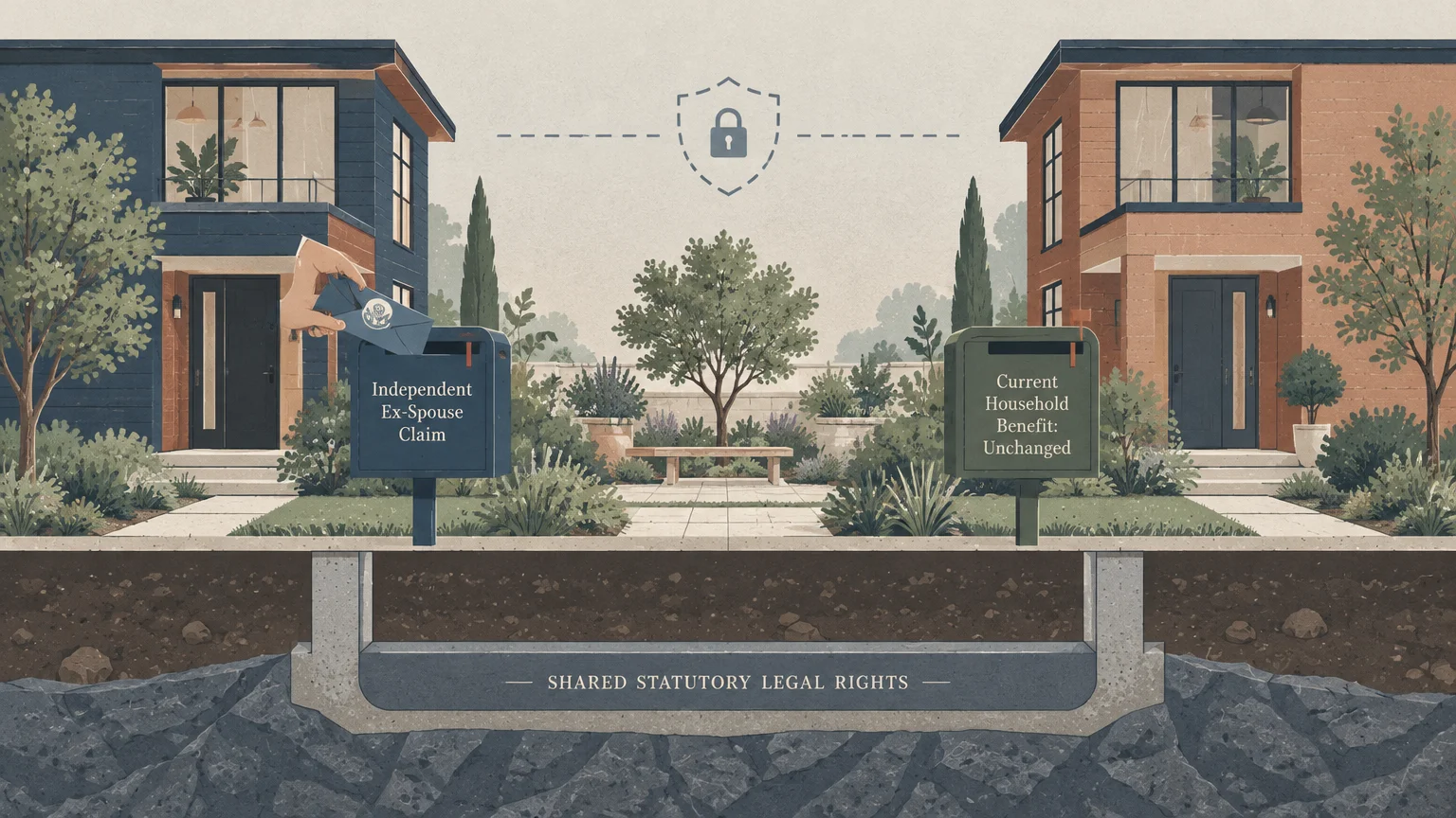 Illustration of two modern houses separated by mailboxes, an underground foundation, and a central security lock symbol.