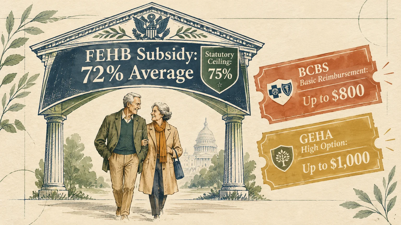 Older couple walking under a classical arch with FEHB text, beside tickets listing BCBS and GEHA reimbursement amounts.