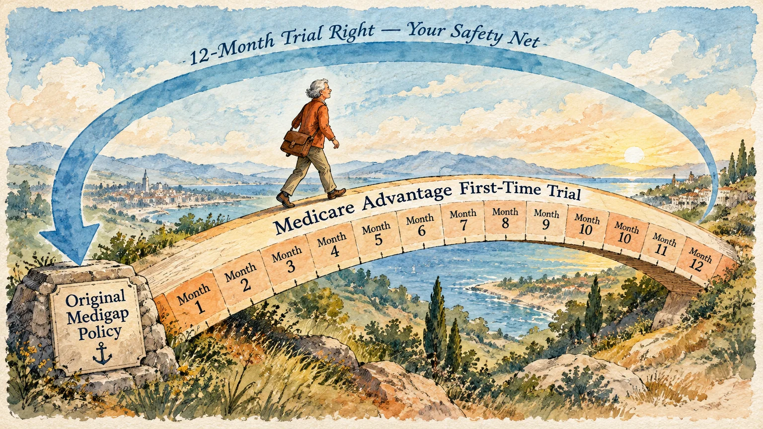 A traveler walks across a bridge marked with 12 months under an arrow pointing back to an Original Medigap Policy stone.