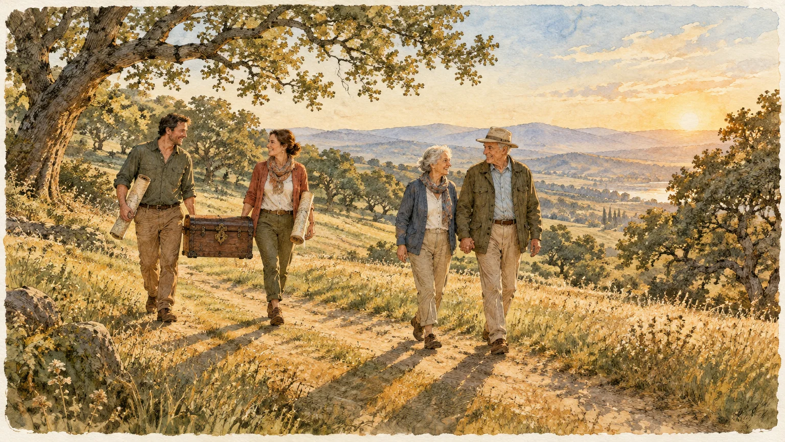 Watercolor illustration of an older couple and two younger adults walking along a rural path carrying a treasure chest.