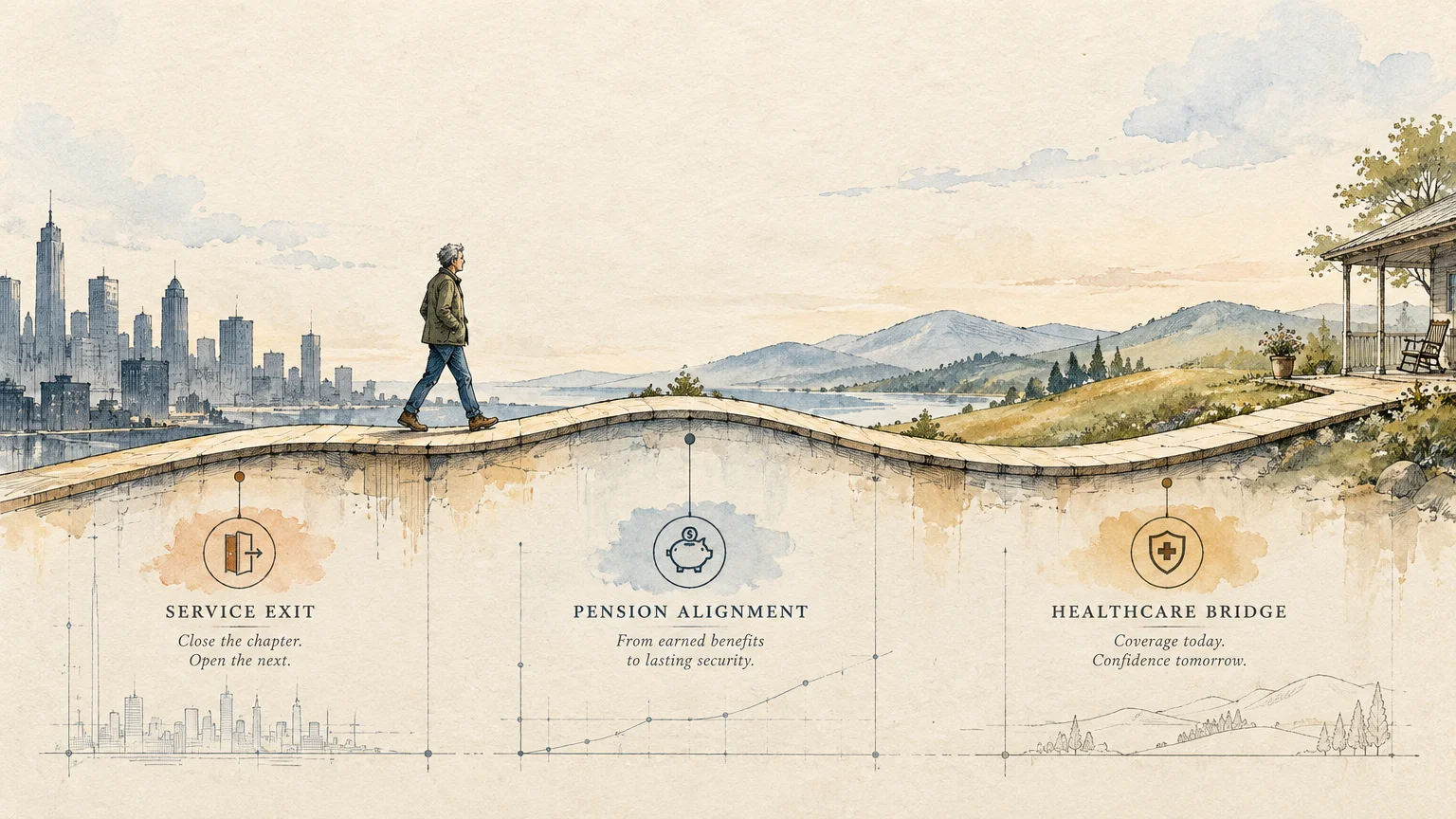 Illustration of a man walking a bridge from a city toward a countryside porch, above three retirement planning icons.