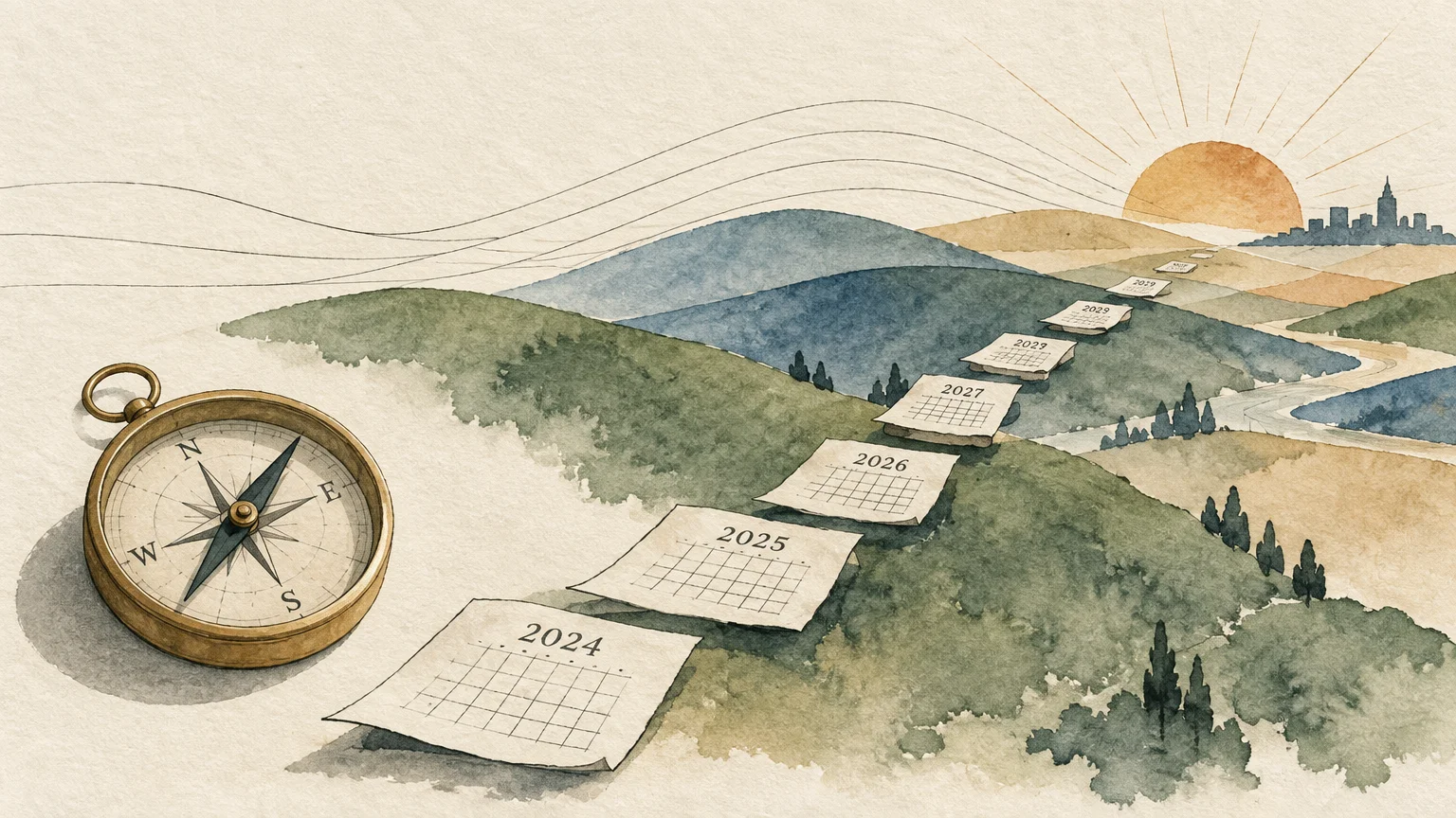 Watercolor illustration of a brass compass beside calendar pages labeled by year curving over hills toward a rising sun.