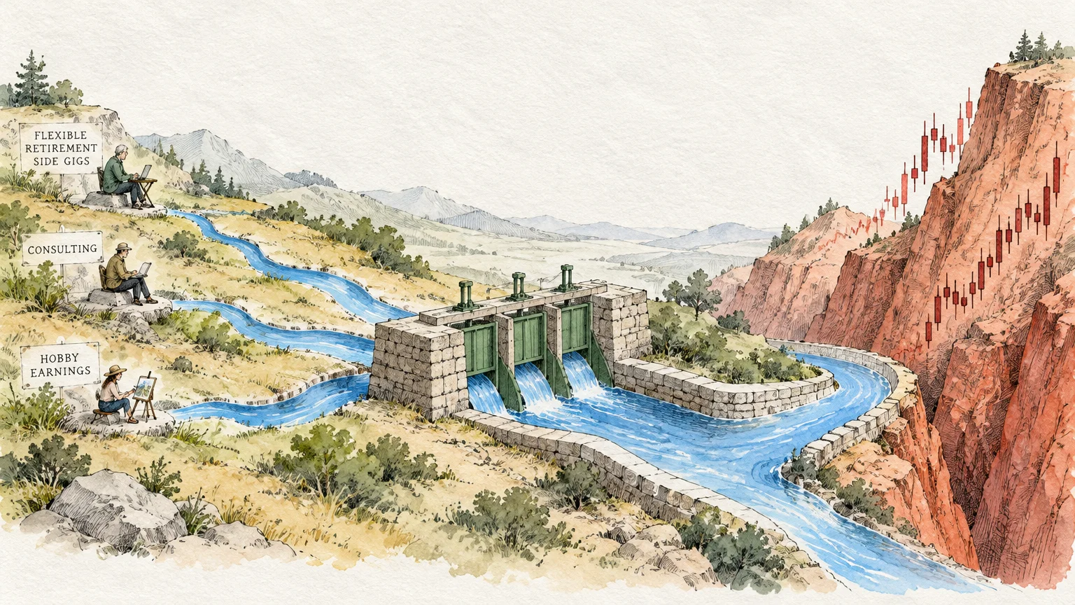 Streams labeled with side gigs flow into a stone water dam beside red rock canyon walls with stock chart bars.