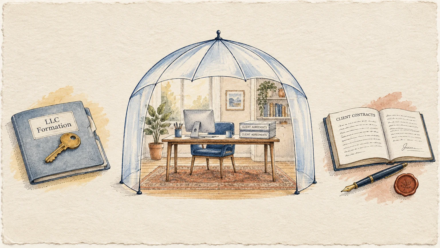 Illustration of an office inside an umbrella dome, flanked by an LLC folder with a key and client contracts with a pen.