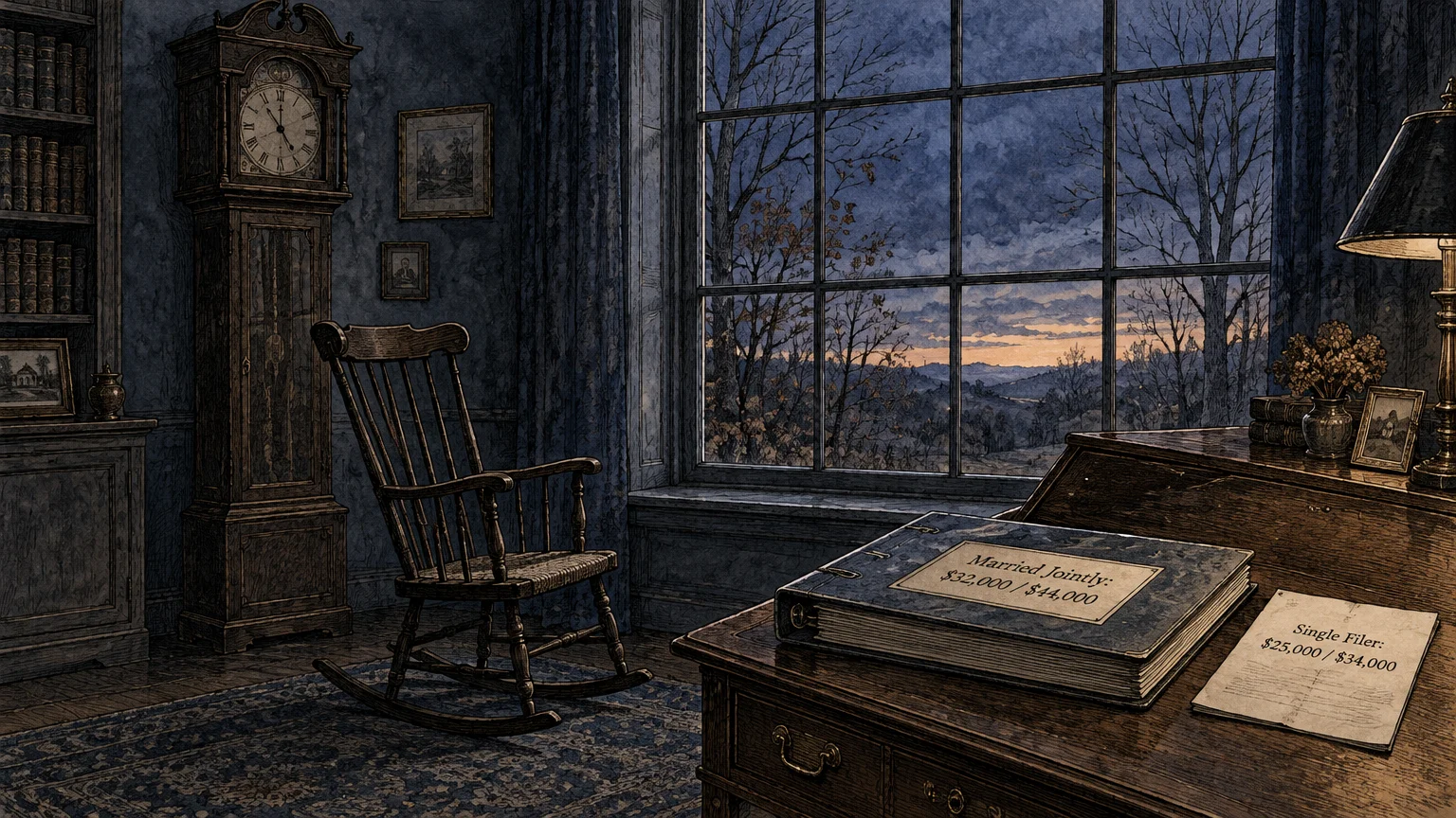 Illustration of a dim study with a rocking chair, grandfather clock, and tax documents labeled with filing thresholds on a desk.