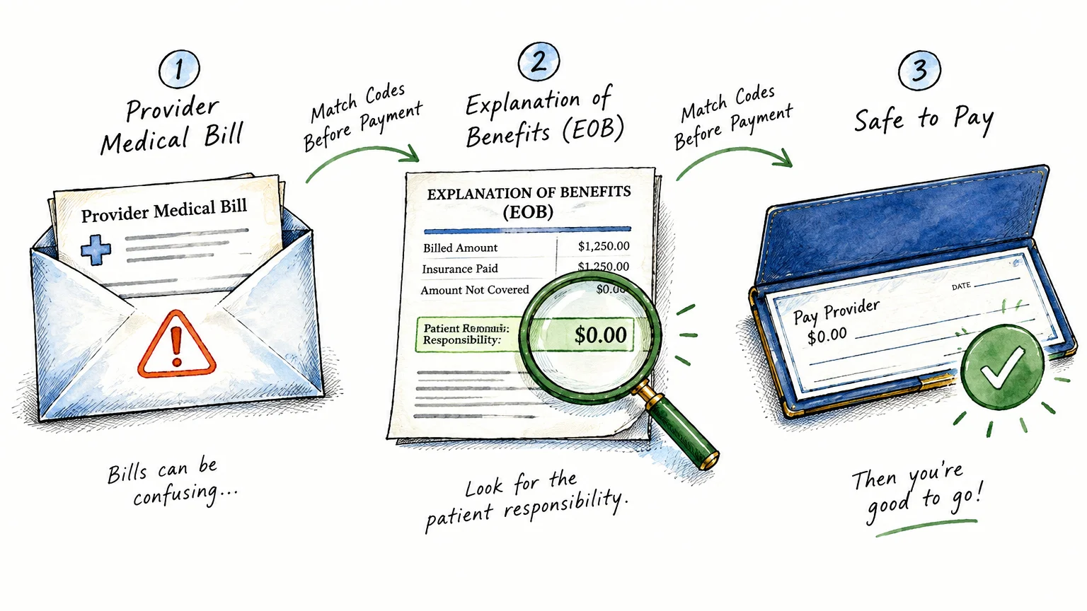 Three-step diagram showing a provider bill, an Explanation of Benefits under a magnifying glass, and a checkbook.