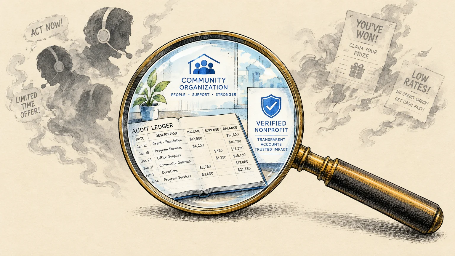A magnifying glass reveals an audited ledger and verified nonprofit sign, surrounded by shadowy phone solicitors.