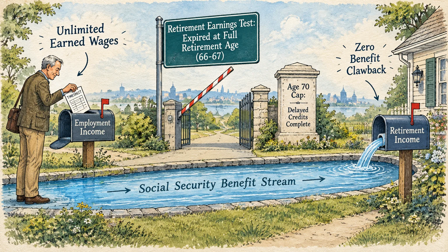 Illustration of an older man mailing a timesheet beside a stream of Social Security benefits flowing into a mailbox.