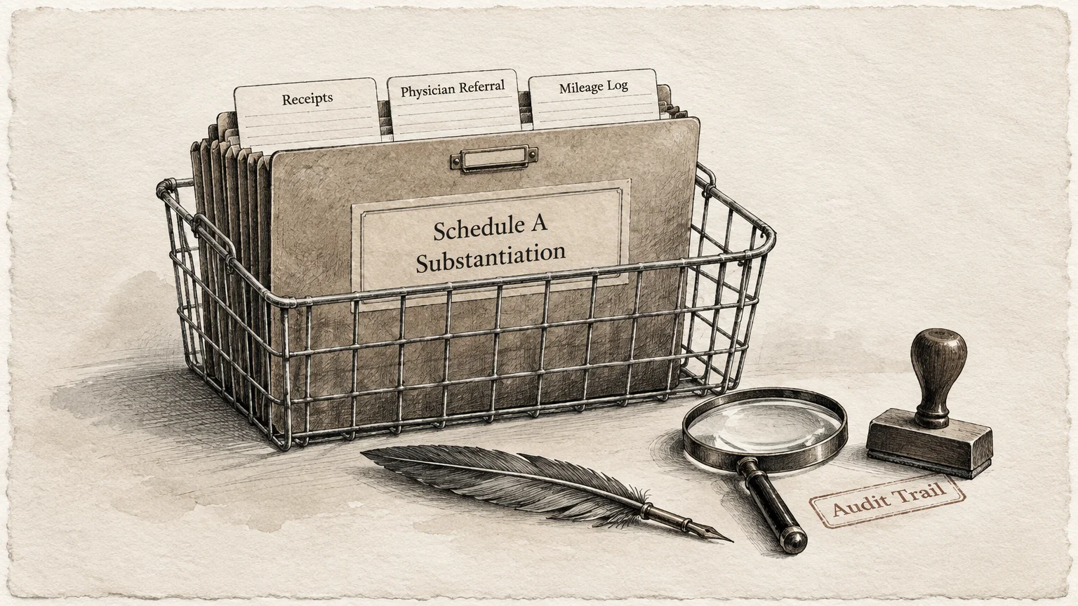 Illustration of a wire basket holding files labeled Schedule A Substantiation alongside a quill, magnifying glass, and stamp.