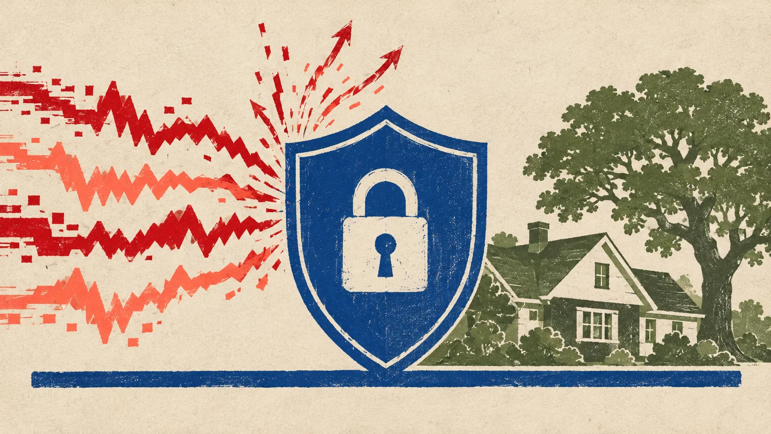 Illustration of a blue padlock shield deflecting jagged red lightning arrows away from a peaceful house and tree.