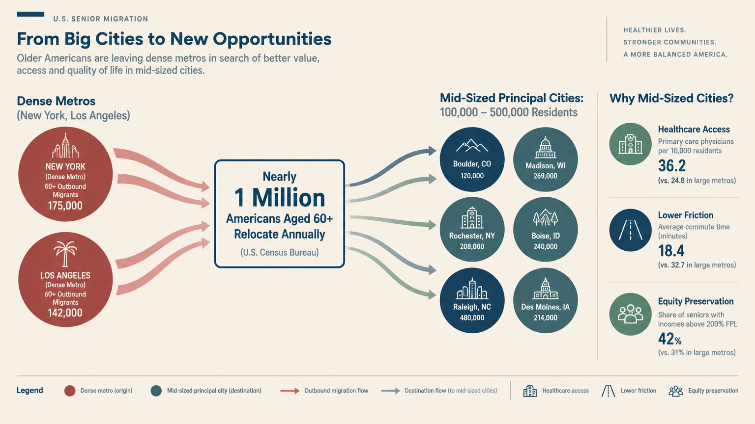 Diagram illustrating senior migration flows from dense metros like New York to mid-sized principal cities.