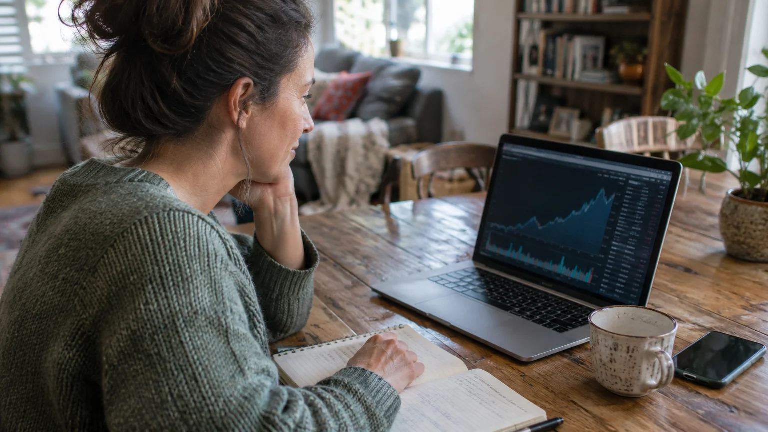 Woman seated at a wooden table looking at financial charts on a laptop with a notebook and coffee mug nearby.
