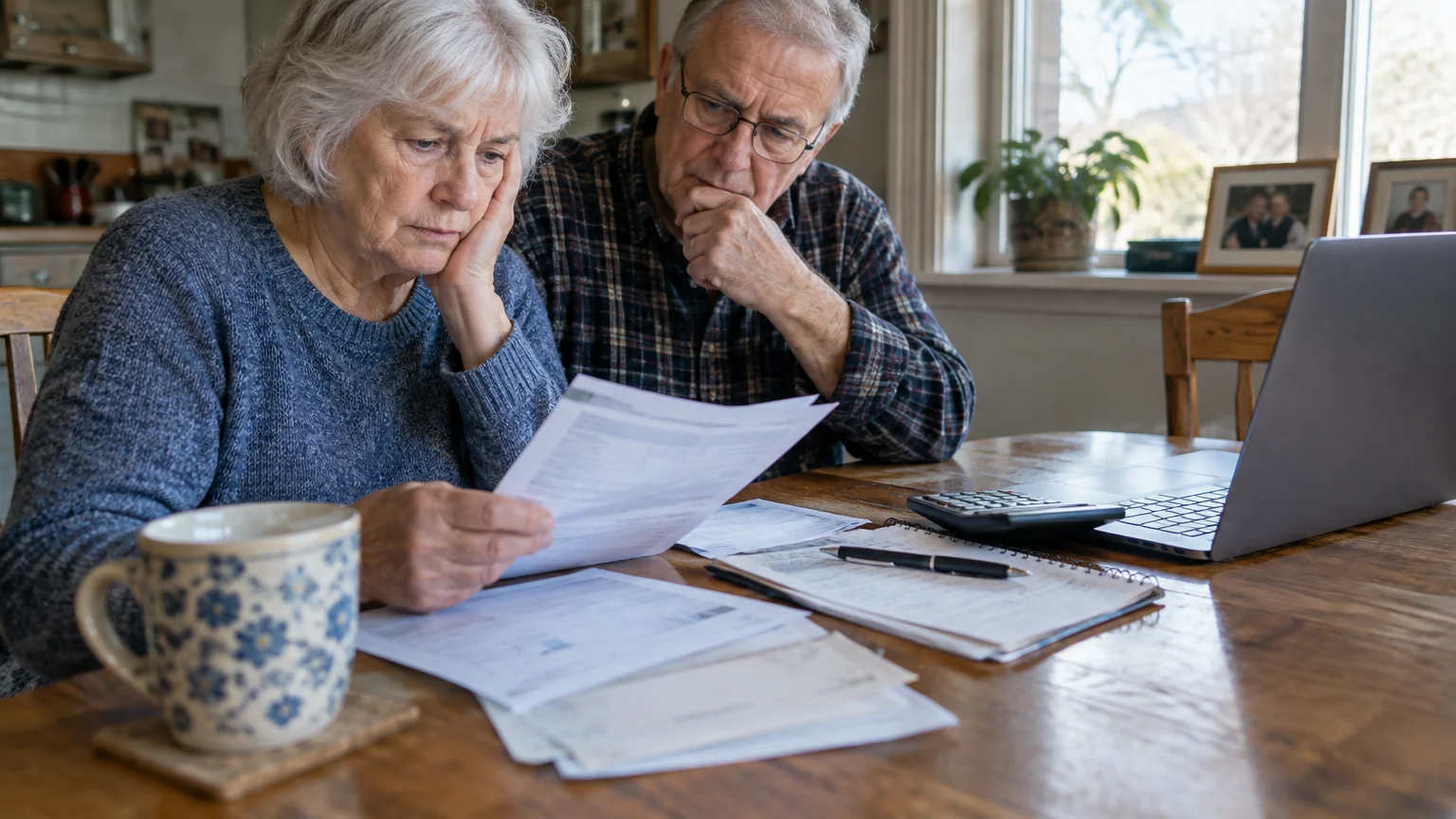 Senior couple sitting at a wooden table looking intently at paperwork beside a laptop and calculator.