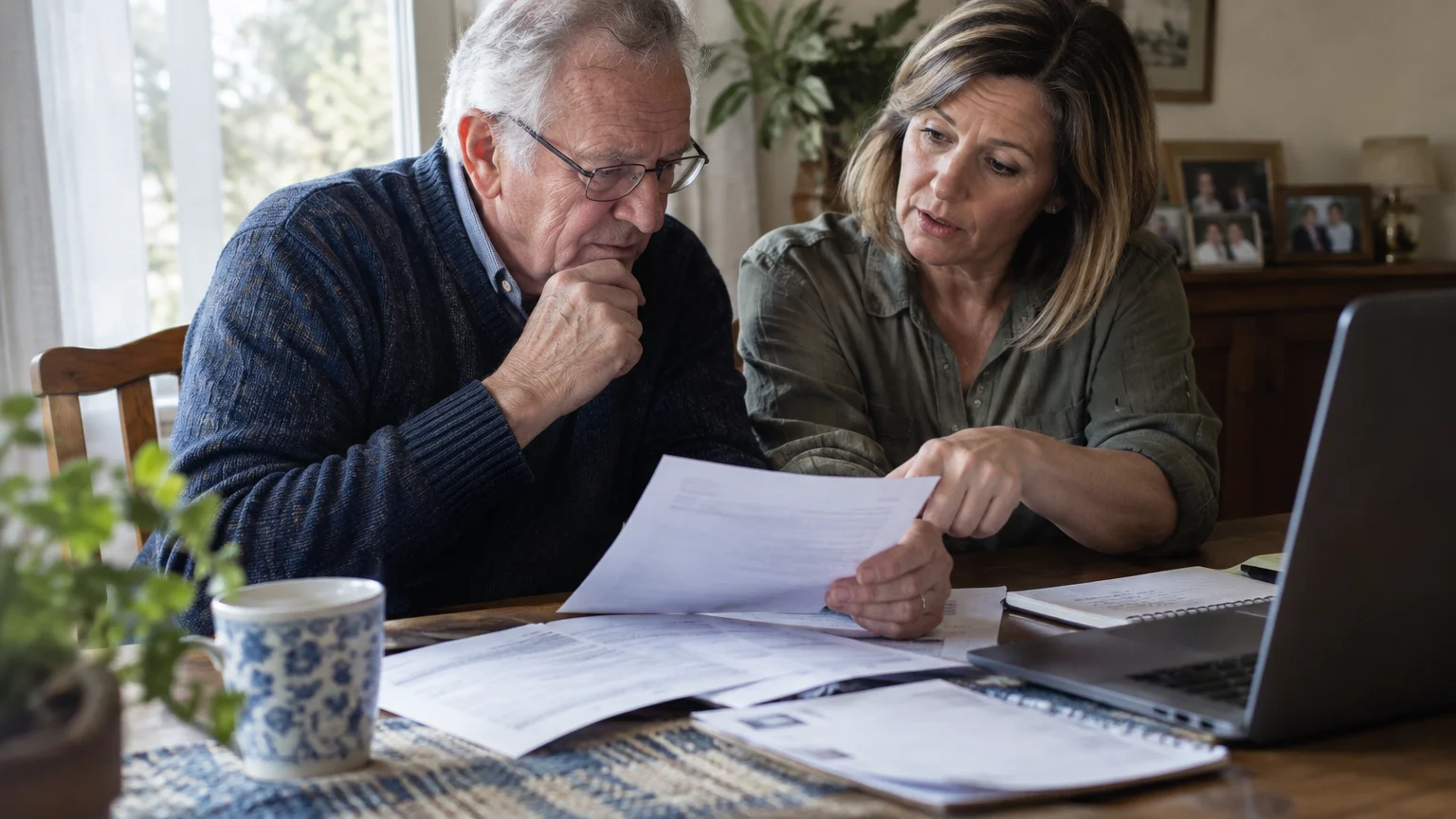 An older man wearing glasses and a woman sit at a wooden dining table reviewing financial paperwork next to a laptop.