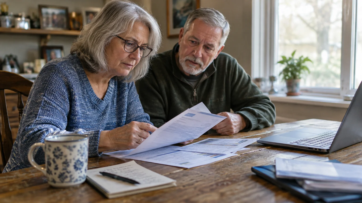 A senior woman and man review paperwork together at a wooden table beside an open laptop and a coffee mug.