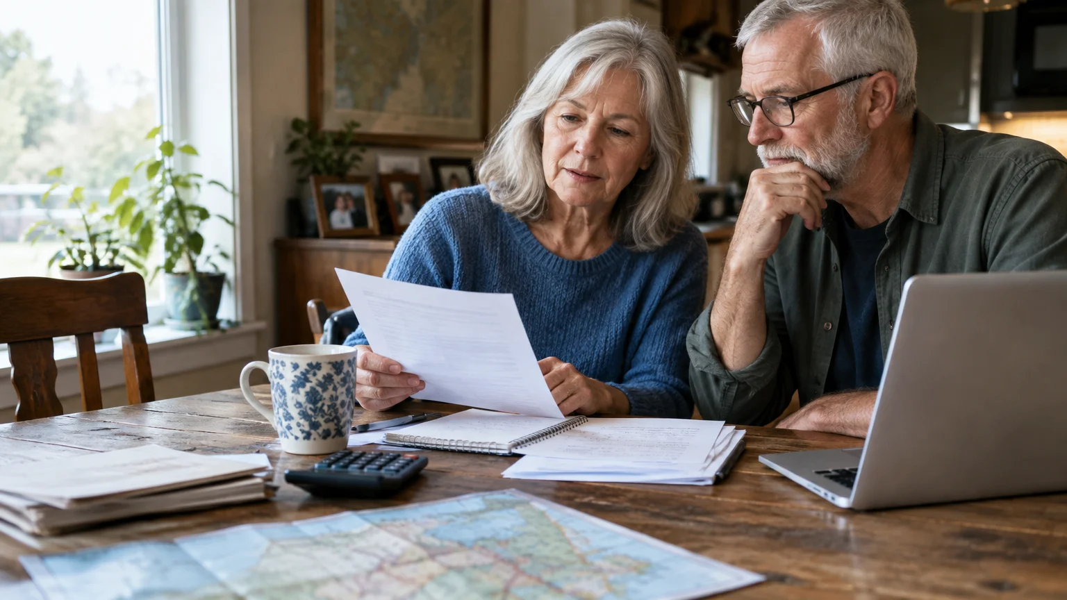 Senior couple reviewing paperwork at a wooden table with a laptop, calculator, and map spread out before them.