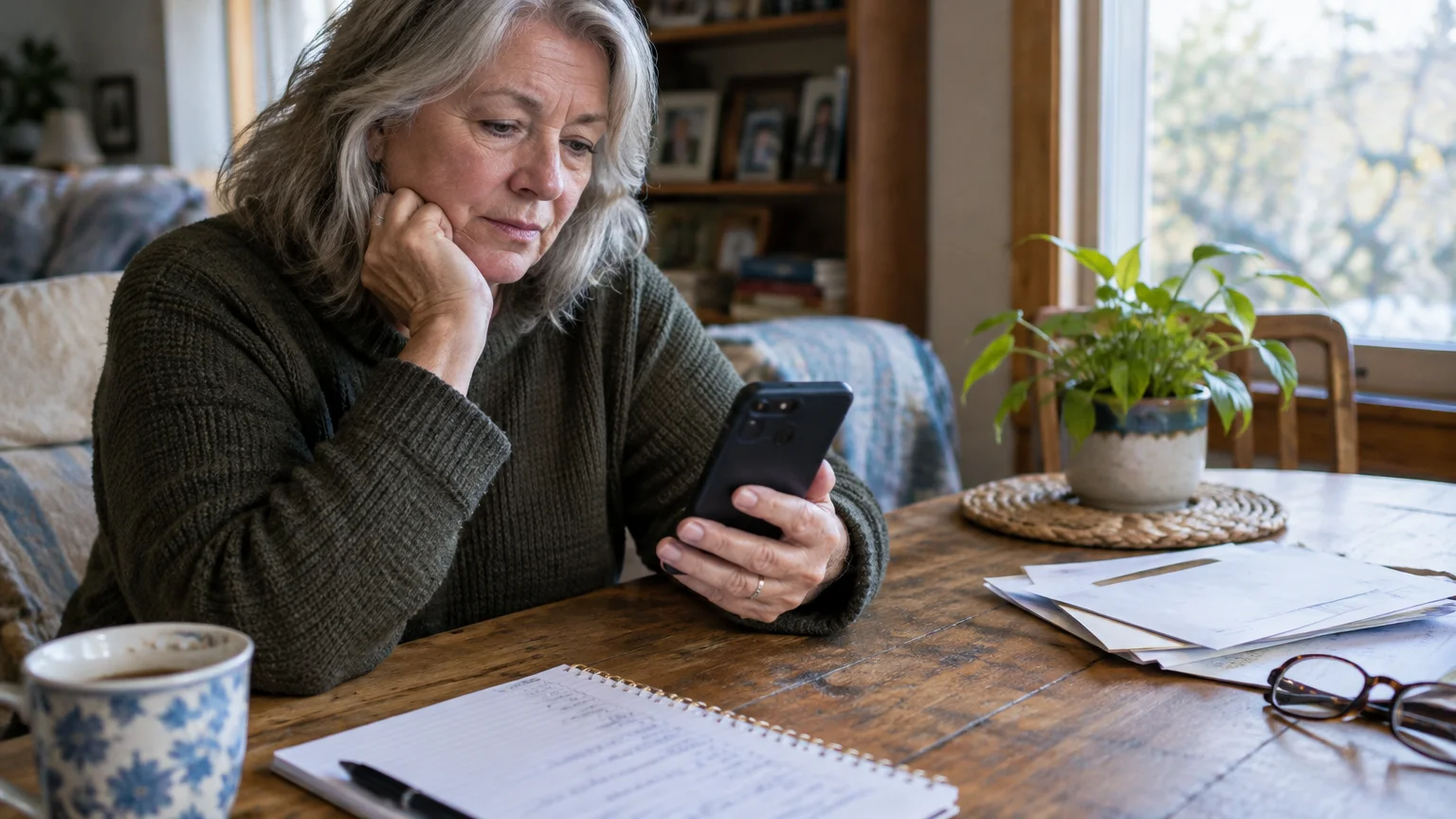 A senior woman sits at a wooden table looking pensively at her smartphone beside a notebook, paperwork, and glasses.