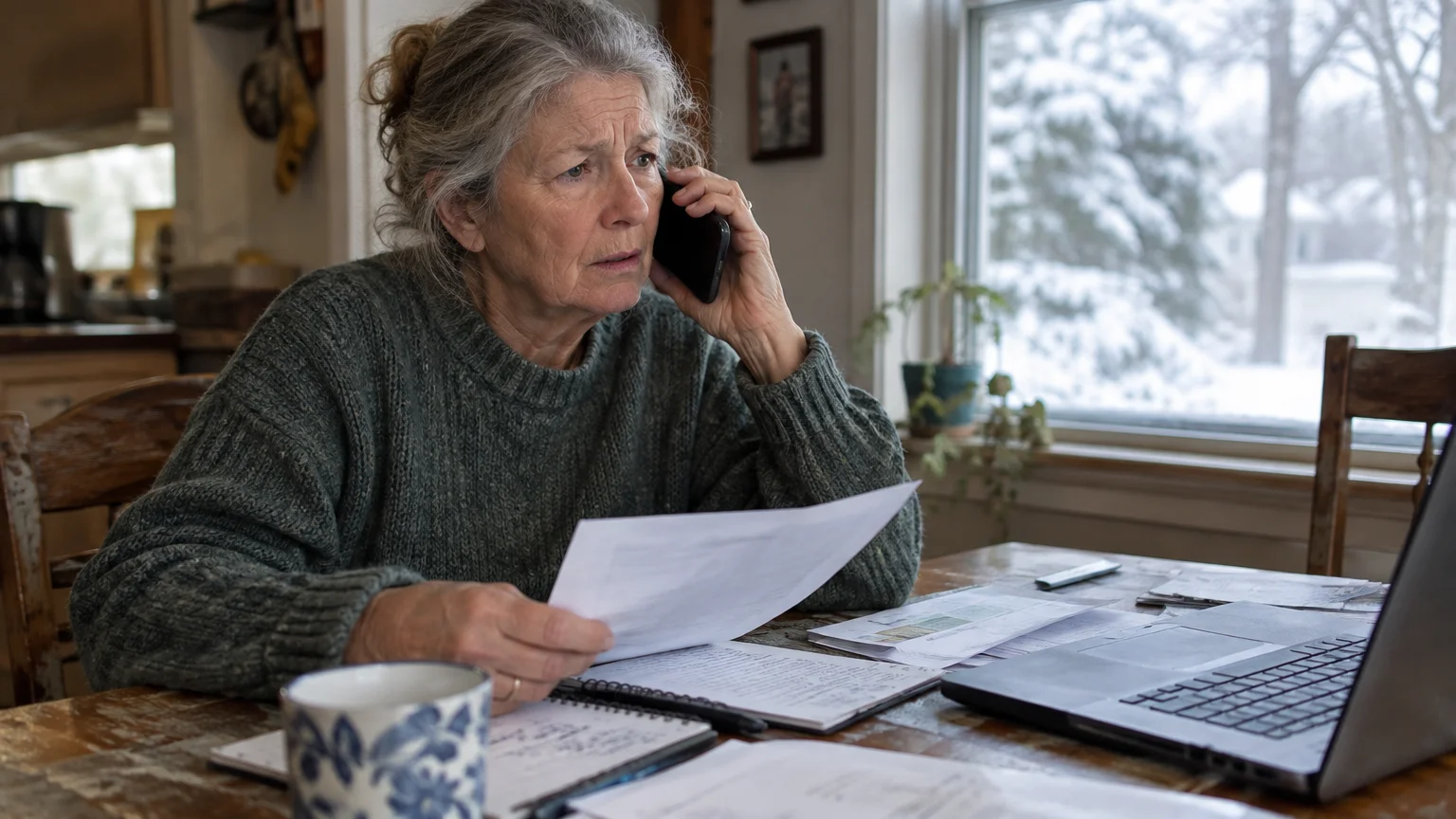 Woman on a phone call holding papers at a desk with a laptop and snowy window in the background.