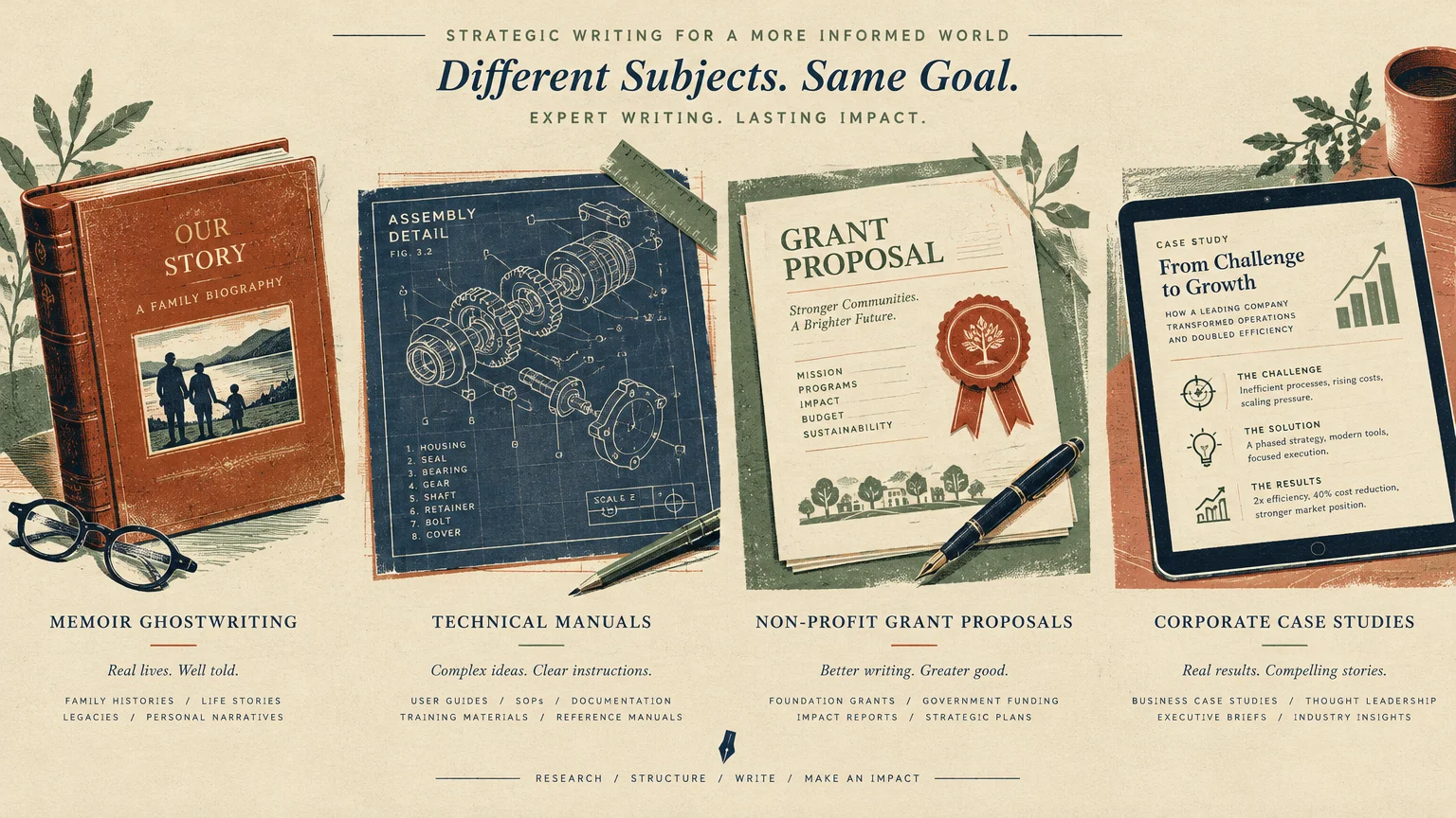 Four writing types shown: a leather-bound memoir, technical blueprint, printed grant proposal, and tablet case study.