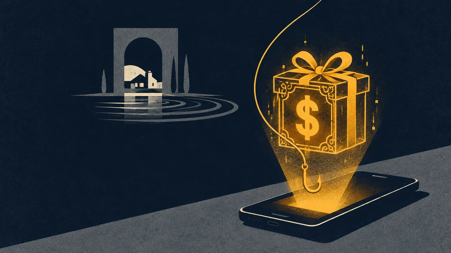 Illustration of a smartphone projecting a glowing gift box with a dollar sign hooked on a fishing line.