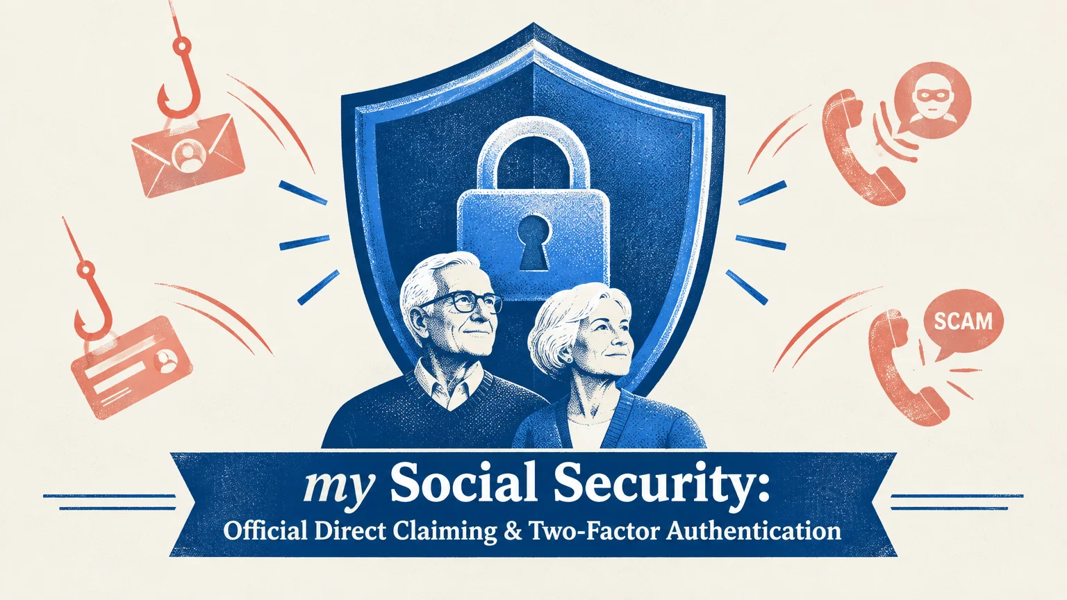 Illustration of a senior couple protected by a padlock shield from scam phone calls and phishing hooks.