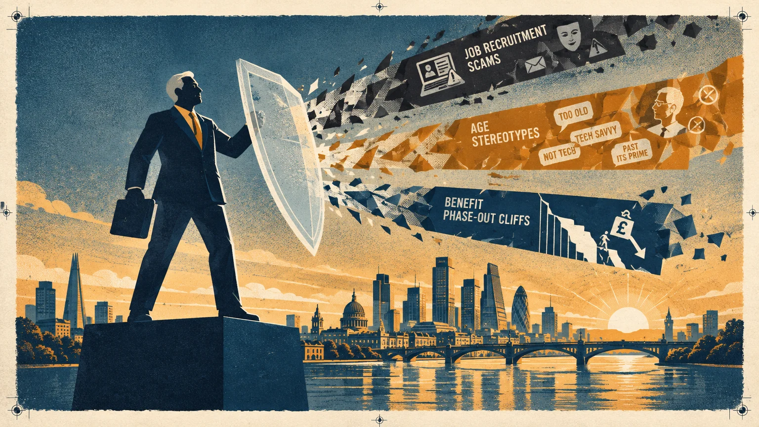 A businessman holds a shield deflecting workplace bias and scams over a river and city skyline at sunrise.