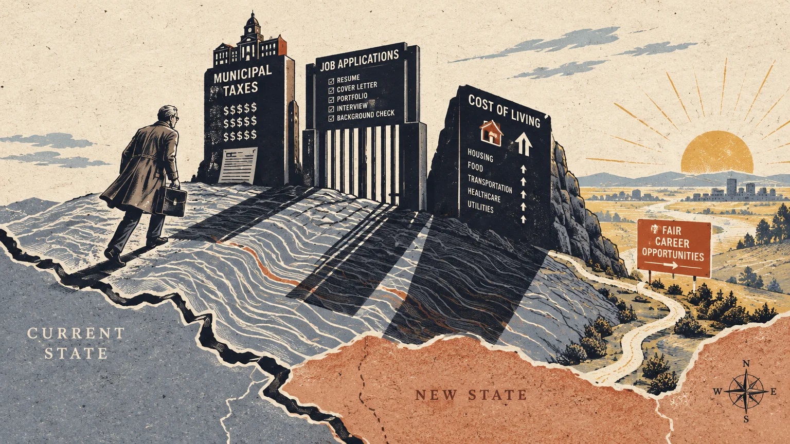 Illustration of a man walking past monolithic barriers labeled municipal taxes, job applications, and cost of living.