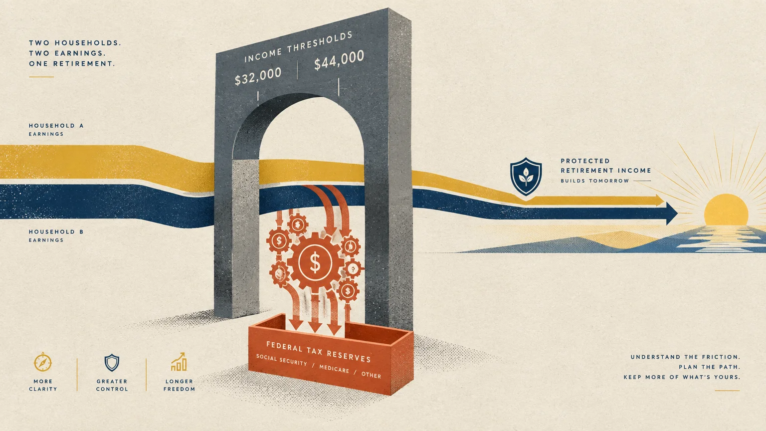 Illustration of income streams passing through an archway, diverting tax reserves into a box while continuing toward a sunrise.