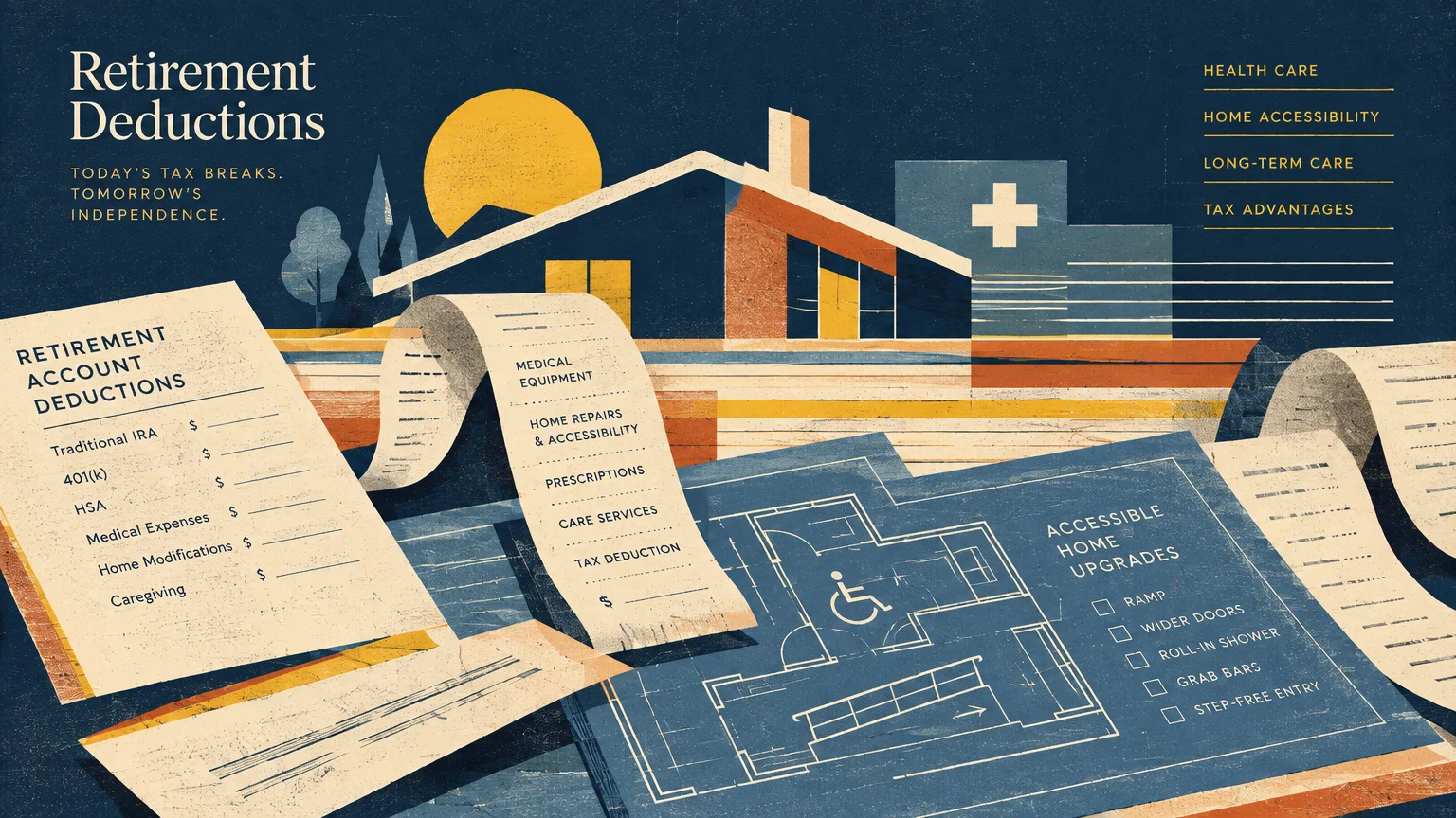 Illustration of tax forms, receipts, and an accessible home blueprint set against a house and medical cross backdrop.