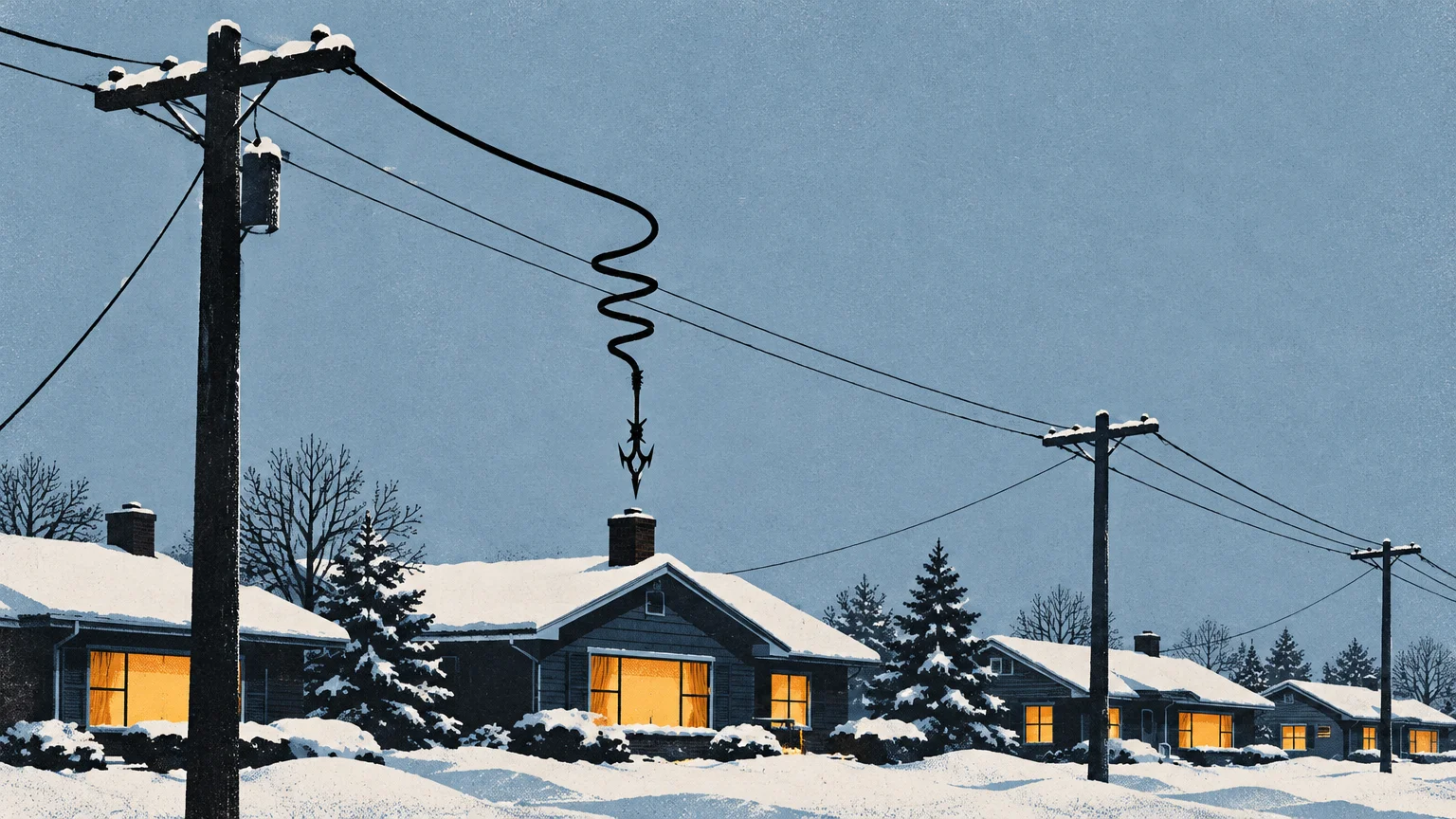 Illustration of suburban snow-covered houses along utility poles, with a telephone wire twisting into a spear aimed at a chimney.