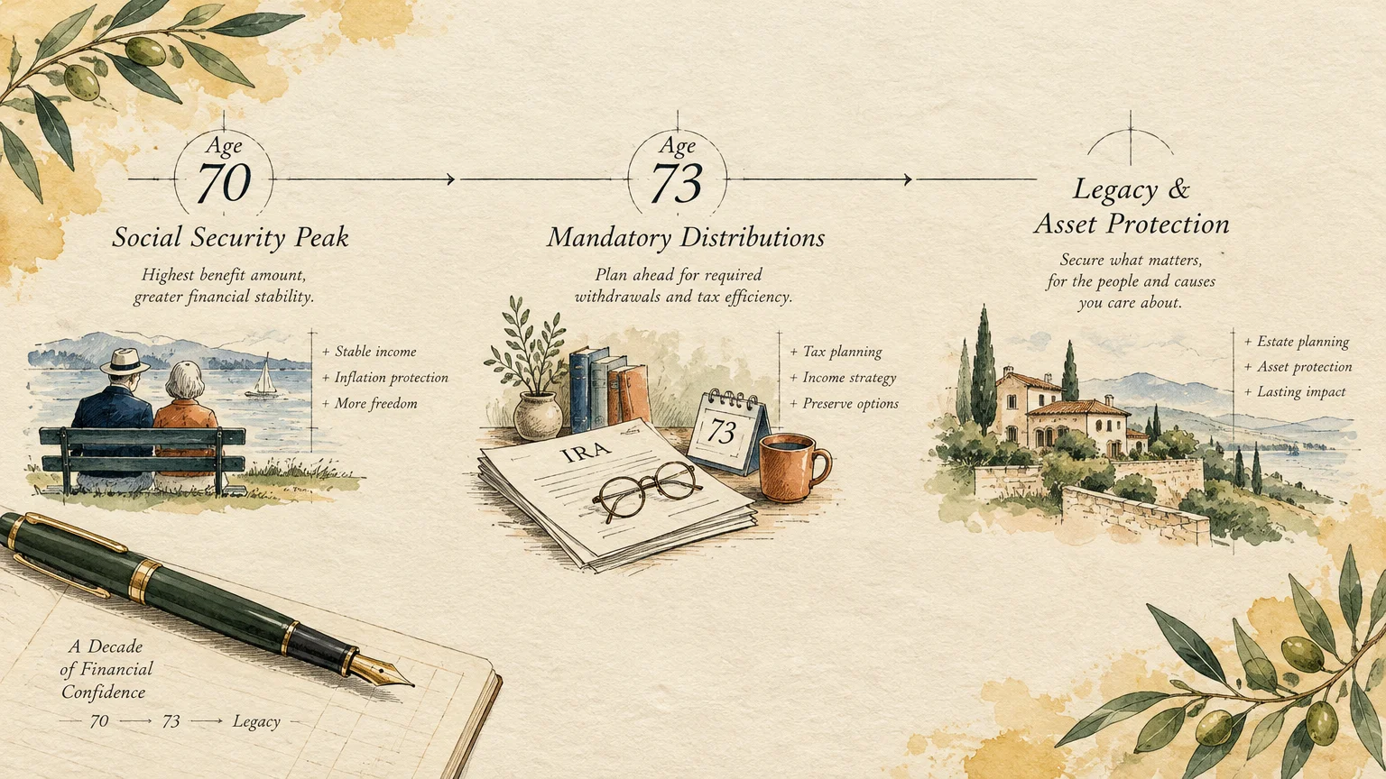 Illustrated timeline showing retirement milestones from age 70 Social Security to age 73 distributions and estate planning.